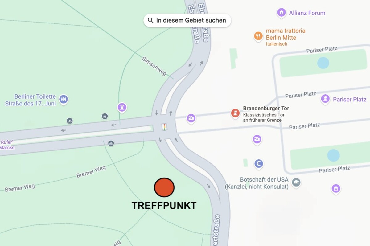 Karte des Treffpunkts im Tiergarten westlich der Ebertstraße, nahe dem Brandenburger Tor