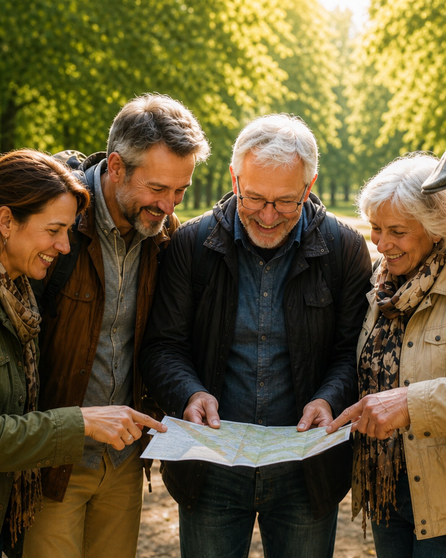 Gruppe von Senioren beim gemeinsamen Spaziergang und Entdecken im Berliner Park